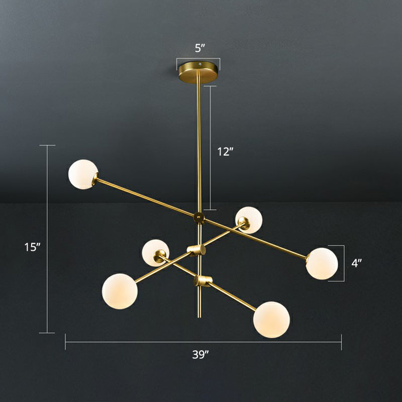 Glass Ball Chandelier Lamp Minimalism Brass Finish Hanging Light with Movable Arm for Living Room 6 White Clearhalo 'Ceiling Lights' 'Chandeliers' 'Clear' 'Industrial' 'Modern Chandeliers' 'Modern' 'Tiffany' 'Traditional Chandeliers' Lighting' 2354292