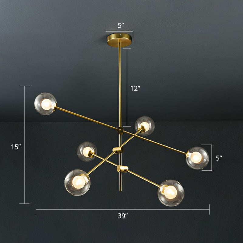 Glass Ball Chandelier Lamp Minimalism Brass Finish Hanging Light with Movable Arm for Living Room 6 Clear Clearhalo 'Ceiling Lights' 'Chandeliers' 'Clear' 'Industrial' 'Modern Chandeliers' 'Modern' 'Tiffany' 'Traditional Chandeliers' Lighting' 2354295