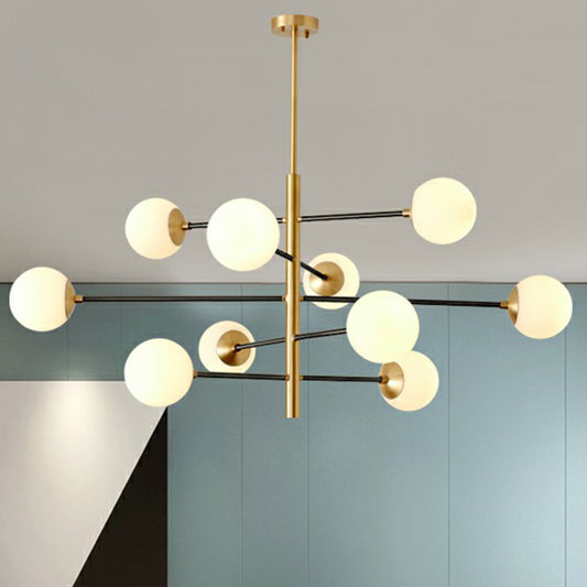 Brass Tiered Hanging Pendant Light Postmodern Metal Chandelier with Ball Milky Glass Shade 10 Brass Clearhalo 'Ceiling Lights' 'Chandeliers' 'Modern Chandeliers' 'Modern' Lighting' 2354297