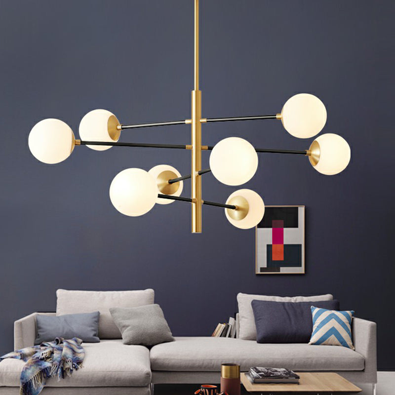 Brass Tiered Hanging Pendant Light Postmodern Metal Chandelier with Ball Milky Glass Shade Clearhalo 'Ceiling Lights' 'Chandeliers' 'Modern Chandeliers' 'Modern' Lighting' 2354298