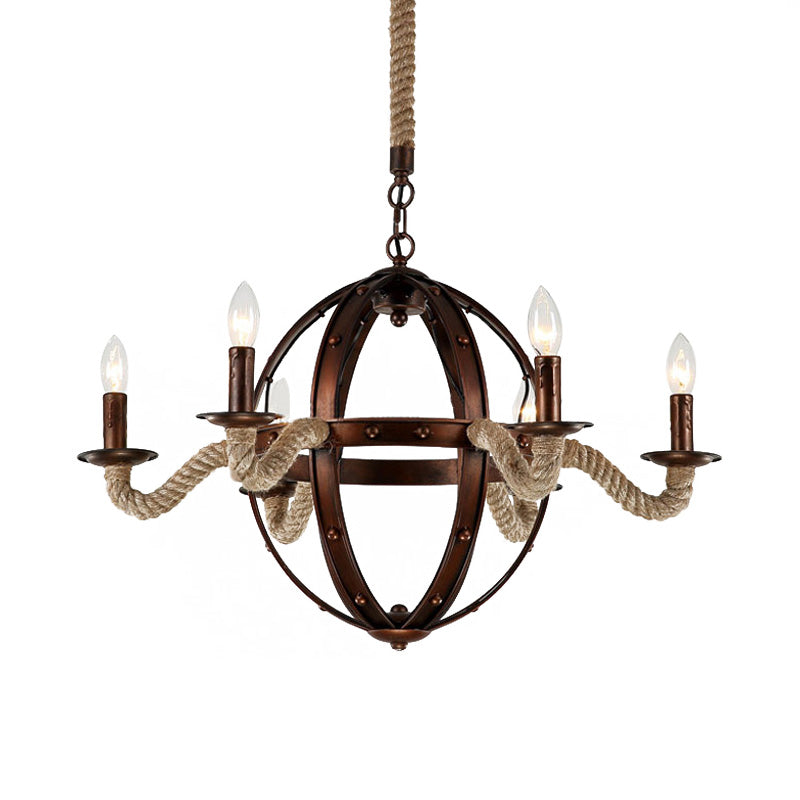 Black/Rust Finish Spherical Chandelier Light Fixture Antique Metal Multi Light Farmhouse Hanging Lamp with Rope/Chain Clearhalo 'Ceiling Lights' 'Chandeliers' 'Industrial Chandeliers' 'Industrial' 'Middle Century Chandeliers' 'Tiffany' Lighting' 235430