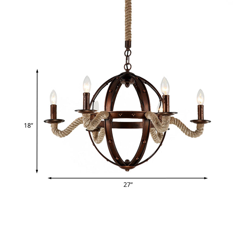 Black/Rust Finish Spherical Chandelier Light Fixture Antique Metal Multi Light Farmhouse Hanging Lamp with Rope/Chain Clearhalo 'Ceiling Lights' 'Chandeliers' 'Industrial Chandeliers' 'Industrial' 'Middle Century Chandeliers' 'Tiffany' Lighting' 235431