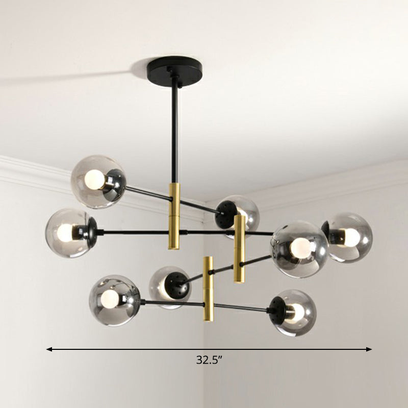 Swivelable Rod Arm Ceiling Chandelier Nordic Metal Living Room Suspension Light with Ball Glass Shade 8 Smoke Gray Clearhalo 'Ceiling Lights' 'Chandeliers' 'Clear' 'Industrial' 'Modern Chandeliers' 'Modern' 'Tiffany' 'Traditional Chandeliers' Lighting' 2354313