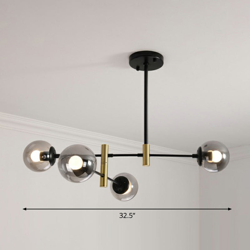 Swivelable Rod Arm Ceiling Chandelier Nordic Metal Living Room Suspension Light with Ball Glass Shade 4 Smoke Gray Clearhalo 'Ceiling Lights' 'Chandeliers' 'Clear' 'Industrial' 'Modern Chandeliers' 'Modern' 'Tiffany' 'Traditional Chandeliers' Lighting' 2354314