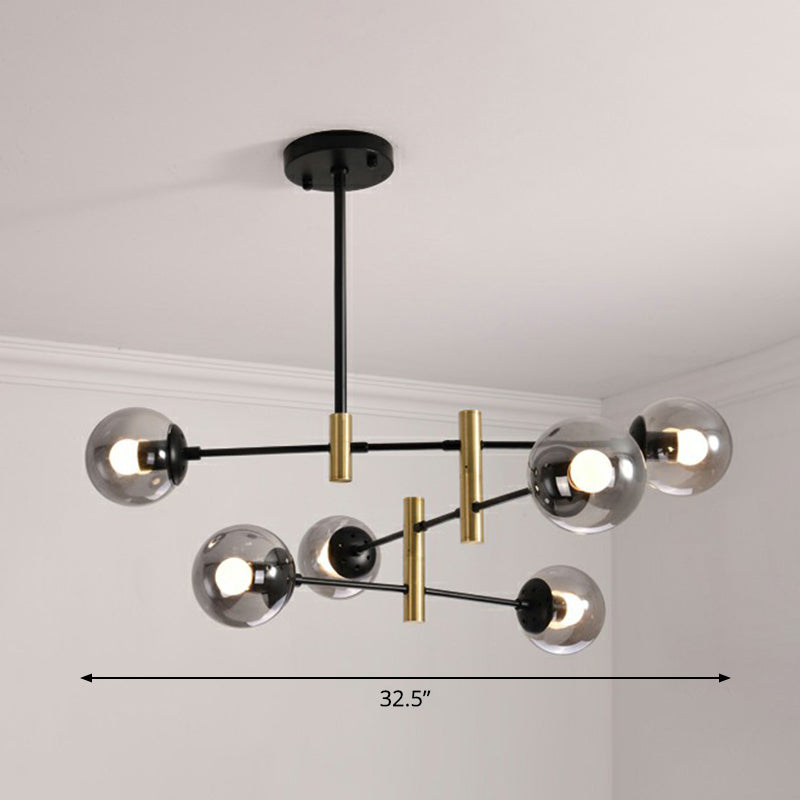 Swivelable Rod Arm Ceiling Chandelier Nordic Metal Living Room Suspension Light with Ball Glass Shade 6 Smoke Gray Clearhalo 'Ceiling Lights' 'Chandeliers' 'Clear' 'Industrial' 'Modern Chandeliers' 'Modern' 'Tiffany' 'Traditional Chandeliers' Lighting' 2354315