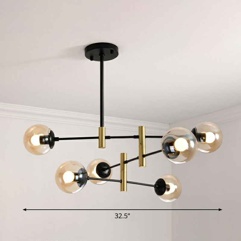 Swivelable Rod Arm Ceiling Chandelier Nordic Metal Living Room Suspension Light with Ball Glass Shade 6 Amber Clearhalo 'Ceiling Lights' 'Chandeliers' 'Clear' 'Industrial' 'Modern Chandeliers' 'Modern' 'Tiffany' 'Traditional Chandeliers' Lighting' 2354316