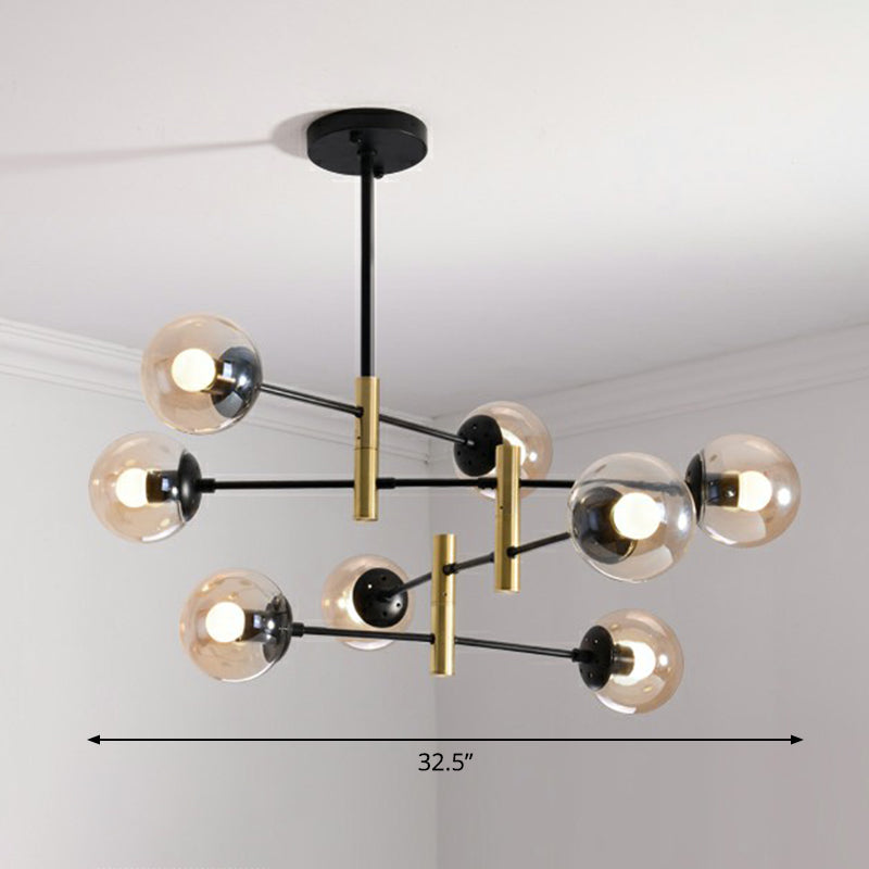 Swivelable Rod Arm Ceiling Chandelier Nordic Metal Living Room Suspension Light with Ball Glass Shade 8 Amber Clearhalo 'Ceiling Lights' 'Chandeliers' 'Clear' 'Industrial' 'Modern Chandeliers' 'Modern' 'Tiffany' 'Traditional Chandeliers' Lighting' 2354318