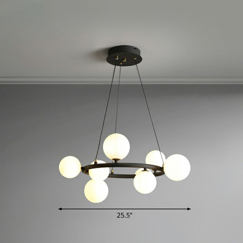 Ring Metal Chandelier Light Modern Stylish Hanging Lamp with Orb Opal Glass Shade 8 Black Clearhalo 'Ceiling Lights' 'Chandeliers' 'Modern Chandeliers' 'Modern' Lighting' 2354331