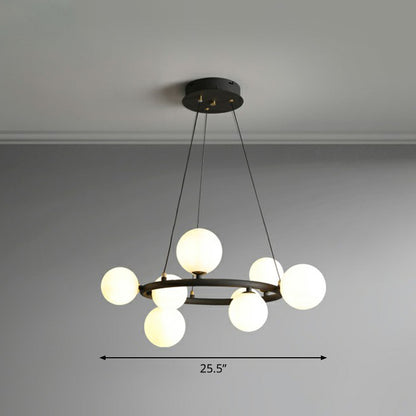 Ring Metal Chandelier Light Modern Stylish Hanging Lamp with Orb Opal Glass Shade 8 Black Clearhalo 'Ceiling Lights' 'Chandeliers' 'Modern Chandeliers' 'Modern' Lighting' 2354331