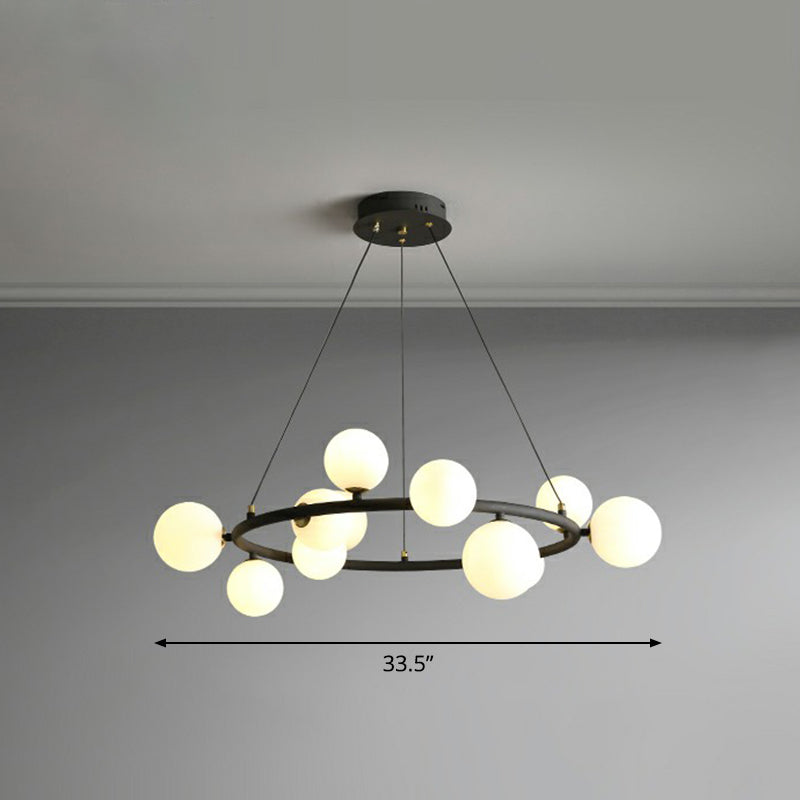 Ring Metal Chandelier Light Modern Stylish Hanging Lamp with Orb Opal Glass Shade 12 Black Clearhalo 'Ceiling Lights' 'Chandeliers' 'Modern Chandeliers' 'Modern' Lighting' 2354333