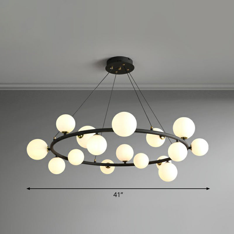 Ring Metal Chandelier Light Modern Stylish Hanging Lamp with Orb Opal Glass Shade 16 Black Clearhalo 'Ceiling Lights' 'Chandeliers' 'Modern Chandeliers' 'Modern' Lighting' 2354335