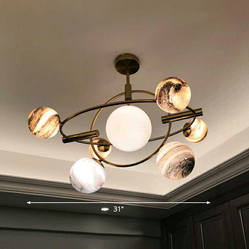 Nordic Planet Chandelier White-Stained Glass Restaurant Hanging Light Fixture in Brass Clearhalo 'Ceiling Lights' 'Chandeliers' 'Modern Chandeliers' 'Modern' Lighting' 2354344
