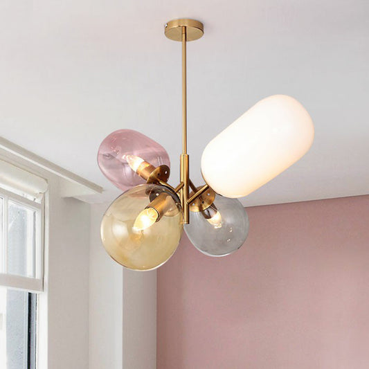 Postmodern 4-Light Pendant Chandelier Brass Balloon Ceiling Lamp with Multicolored Glass Shade Clearhalo 'Ceiling Lights' 'Chandeliers' 'Modern Chandeliers' 'Modern' Lighting' 2354347