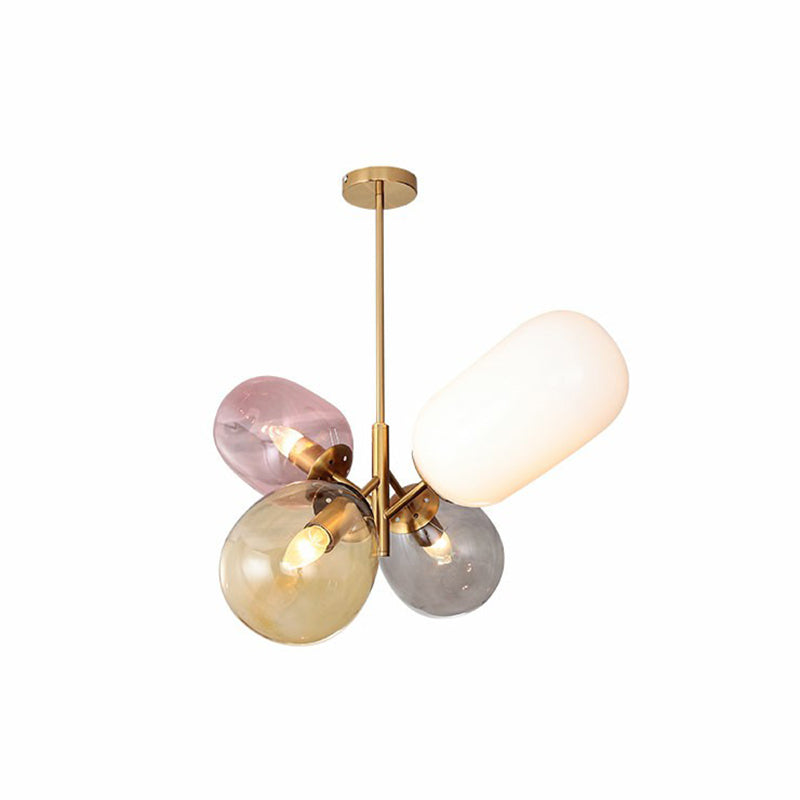 Postmodern 4-Light Pendant Chandelier Brass Balloon Ceiling Lamp with Multicolored Glass Shade Brass Clearhalo 'Ceiling Lights' 'Chandeliers' 'Modern Chandeliers' 'Modern' Lighting' 2354348