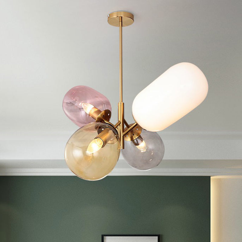Postmodern 4-Light Pendant Chandelier Brass Balloon Ceiling Lamp with Multicolored Glass Shade Clearhalo 'Ceiling Lights' 'Chandeliers' 'Modern Chandeliers' 'Modern' Lighting' 2354349