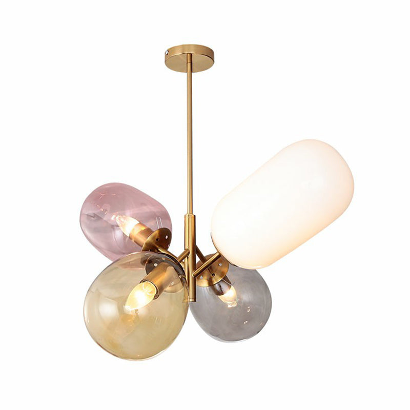 Postmodern 4-Light Pendant Chandelier Brass Balloon Ceiling Lamp with Multicolored Glass Shade Clearhalo 'Ceiling Lights' 'Chandeliers' 'Modern Chandeliers' 'Modern' Lighting' 2354351