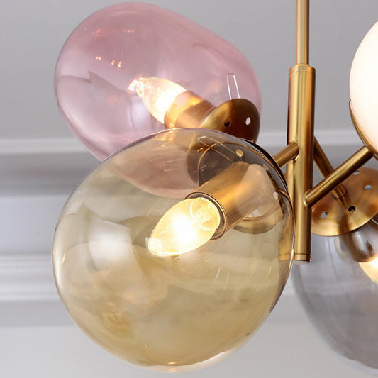 Postmodern 4-Light Pendant Chandelier Brass Balloon Ceiling Lamp with Multicolored Glass Shade Clearhalo 'Ceiling Lights' 'Chandeliers' 'Modern Chandeliers' 'Modern' Lighting' 2354352