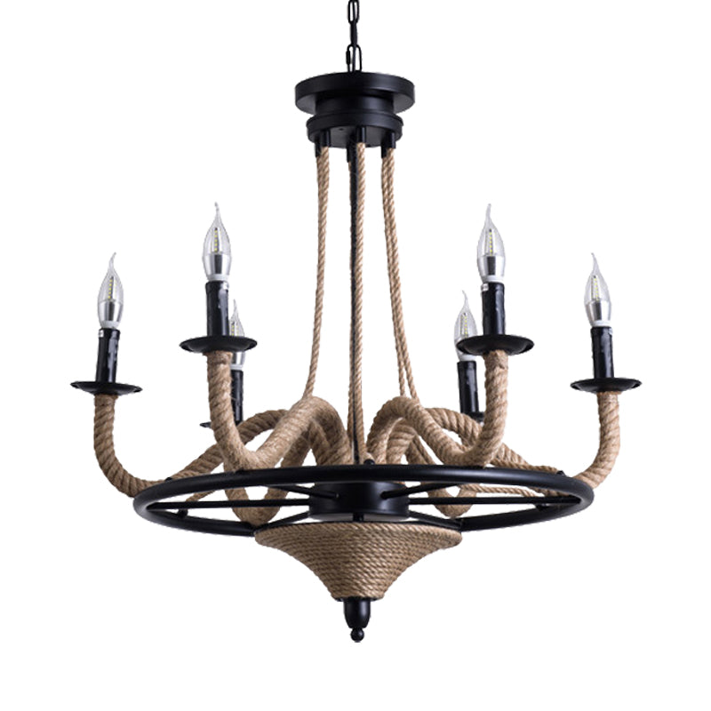 6 Bulb Chandelier Pendant Light Vintage Wagon Wheel Metal Hanging Lamp with Rope Detail in Black Clearhalo 'Ceiling Lights' 'Chandeliers' 'Industrial Chandeliers' 'Industrial' 'Middle Century Chandeliers' 'Tiffany' Lighting' 235447
