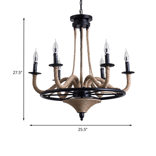 6 Bulb Chandelier Pendant Light Vintage Wagon Wheel Metal Hanging Lamp with Rope Detail in Black Clearhalo 'Ceiling Lights' 'Chandeliers' 'Industrial Chandeliers' 'Industrial' 'Middle Century Chandeliers' 'Tiffany' Lighting' 235448