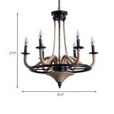 6 Bulb Chandelier Pendant Light Vintage Wagon Wheel Metal Hanging Lamp with Rope Detail in Black Clearhalo 'Ceiling Lights' 'Chandeliers' 'Industrial Chandeliers' 'Industrial' 'Middle Century Chandeliers' 'Tiffany' Lighting' 235448