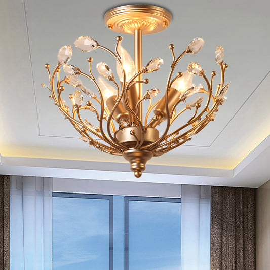 Metal Branch Semi Flush Light Contemporary 3 Lights Gold Ceiling Mount Light with Crystal Leaf Clearhalo 'Ceiling Lights' 'Close To Ceiling Lights' 'Close to ceiling' 'Semi-flushmount' Lighting' 235515