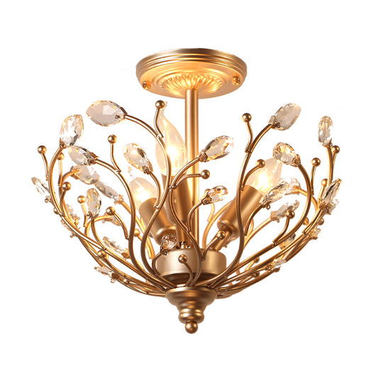 Metal Branch Semi Flush Light Contemporary 3 Lights Gold Ceiling Mount Light with Crystal Leaf Clearhalo 'Ceiling Lights' 'Close To Ceiling Lights' 'Close to ceiling' 'Semi-flushmount' Lighting' 235516