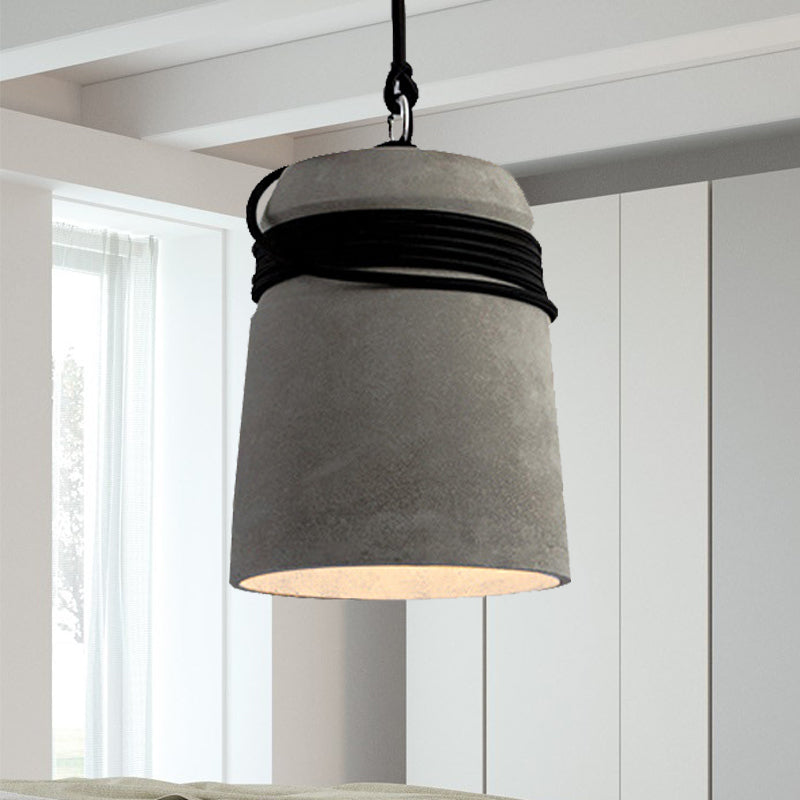 Black/Gray/Beige Finish Bucket Suspension Light Industrial Style Cement 1 Light Dining Table Pendant Light with Rope Clearhalo 'Ceiling Lights' 'Modern Pendants' 'Modern' 'Pendant Lights' 'Pendants' Lighting' 235576
