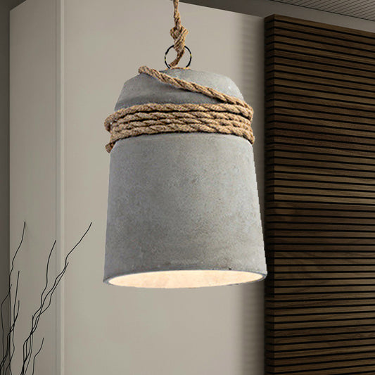 Black/Gray/Beige Finish Bucket Suspension Light Industrial Style Cement 1 Light Dining Table Pendant Light with Rope Clearhalo 'Ceiling Lights' 'Modern Pendants' 'Modern' 'Pendant Lights' 'Pendants' Lighting' 235582