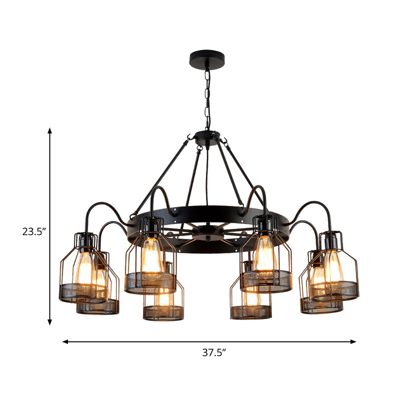 6/8 Heads Bell Hanging Lamp with Cage Style Frame Farmhouse Black Metal Chandelier Light Fixture Clearhalo 'Cast Iron' 'Ceiling Lights' 'Chandeliers' 'Industrial Chandeliers' 'Industrial' 'Metal' 'Middle Century Chandeliers' 'Rustic Chandeliers' 'Tiffany' Lighting' 235620