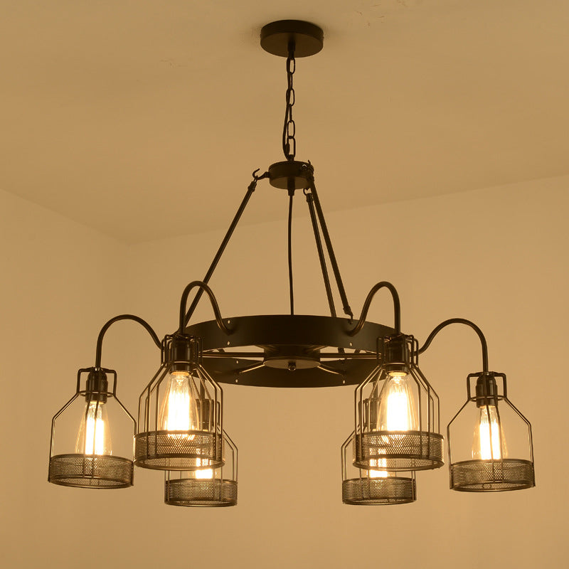 6/8 Heads Bell Hanging Lamp with Cage Style Frame Farmhouse Black Metal Chandelier Light Fixture 6 Black Clearhalo 'Cast Iron' 'Ceiling Lights' 'Chandeliers' 'Industrial Chandeliers' 'Industrial' 'Metal' 'Middle Century Chandeliers' 'Rustic Chandeliers' 'Tiffany' Lighting' 235621