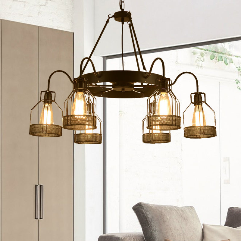 6/8 Heads Bell Hanging Lamp with Cage Style Frame Farmhouse Black Metal Chandelier Light Fixture Clearhalo 'Cast Iron' 'Ceiling Lights' 'Chandeliers' 'Industrial Chandeliers' 'Industrial' 'Metal' 'Middle Century Chandeliers' 'Rustic Chandeliers' 'Tiffany' Lighting' 235622