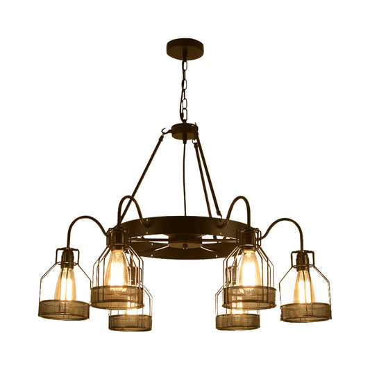 6/8 Heads Bell Hanging Lamp with Cage Style Frame Farmhouse Black Metal Chandelier Light Fixture Clearhalo 'Cast Iron' 'Ceiling Lights' 'Chandeliers' 'Industrial Chandeliers' 'Industrial' 'Metal' 'Middle Century Chandeliers' 'Rustic Chandeliers' 'Tiffany' Lighting' 235623