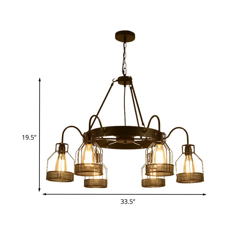 6/8 Heads Bell Hanging Lamp with Cage Style Frame Farmhouse Black Metal Chandelier Light Fixture Clearhalo 'Cast Iron' 'Ceiling Lights' 'Chandeliers' 'Industrial Chandeliers' 'Industrial' 'Metal' 'Middle Century Chandeliers' 'Rustic Chandeliers' 'Tiffany' Lighting' 235624