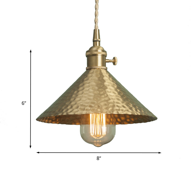 Metallic Brass/Gold Finish Pendant Lighting Conical Shade 7"/8.5" Dia 1 Light Vintage Suspension Light Clearhalo 'Art Deco Pendants' 'Cast Iron' 'Ceiling Lights' 'Ceramic' 'Crystal' 'Industrial Pendants' 'Industrial' 'Metal' 'Middle Century Pendants' 'Pendant Lights' 'Pendants' 'Tiffany' Lighting' 235647