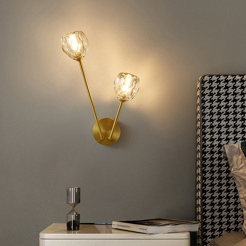 Brass Branch Wall Light Minimalistic Ball Glass Sconce Lighting Fixture for Bedroom Clear 14" Clearhalo 'Cast Iron' 'Glass' 'Industrial' 'Modern wall lights' 'Modern' 'Tiffany' 'Traditional wall lights' 'Wall Lamps & Sconces' 'Wall Lights' Lighting' 2356698