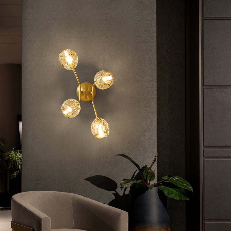 Brass Branch Wall Light Minimalistic Ball Glass Sconce Lighting Fixture for Bedroom Clear 10.5" Clearhalo 'Cast Iron' 'Glass' 'Industrial' 'Modern wall lights' 'Modern' 'Tiffany' 'Traditional wall lights' 'Wall Lamps & Sconces' 'Wall Lights' Lighting' 2356706