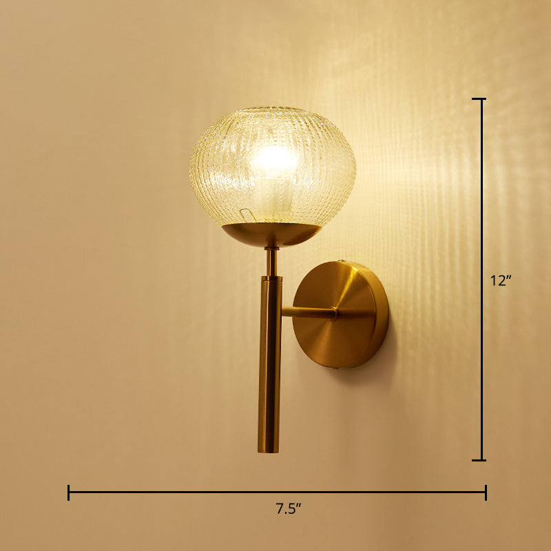 Postmodern Ball Shaped Sconce Lamp Textured Glass 1-Bulb Bedside Wall Light in Brass Brass Tapered Straight Clearhalo 'Cast Iron' 'Glass' 'Industrial' 'Modern wall lights' 'Modern' 'Tiffany' 'Traditional wall lights' 'Wall Lamps & Sconces' 'Wall Lights' Lighting' 2356717