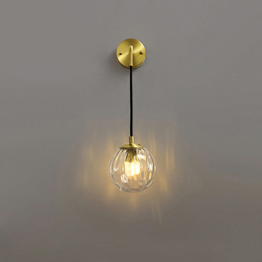 Clear Ripple Glass Ball Wall Light Minimalistic 1-Light Brass Sconce Fixture for Dining Room Brass Long Arm Clearhalo 'Cast Iron' 'Glass' 'Industrial' 'Modern wall lights' 'Modern' 'Tiffany' 'Traditional wall lights' 'Wall Lamps & Sconces' 'Wall Lights' Lighting' 2356778