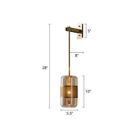 Postmodern Wall Light Fixture Brass Cylindrical Wall Sconce Lighting with Glass Shade Amber Clearhalo 'Cast Iron' 'Glass' 'Industrial' 'Modern wall lights' 'Modern' 'Tiffany' 'Traditional wall lights' 'Wall Lamps & Sconces' 'Wall Lights' Lighting' 2356786