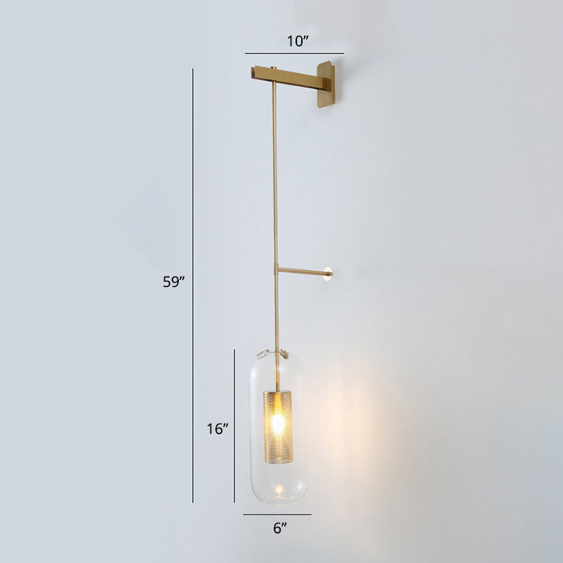 Pill Capsule Glass Wall Lamp Post-Modern 1 Head Brass Sconce Light Fixture with Mesh Guard Clear Long Arm Clearhalo 'Cast Iron' 'Glass' 'Industrial' 'Modern wall lights' 'Modern' 'Tiffany' 'Traditional wall lights' 'Wall Lamps & Sconces' 'Wall Lights' Lighting' 2356800