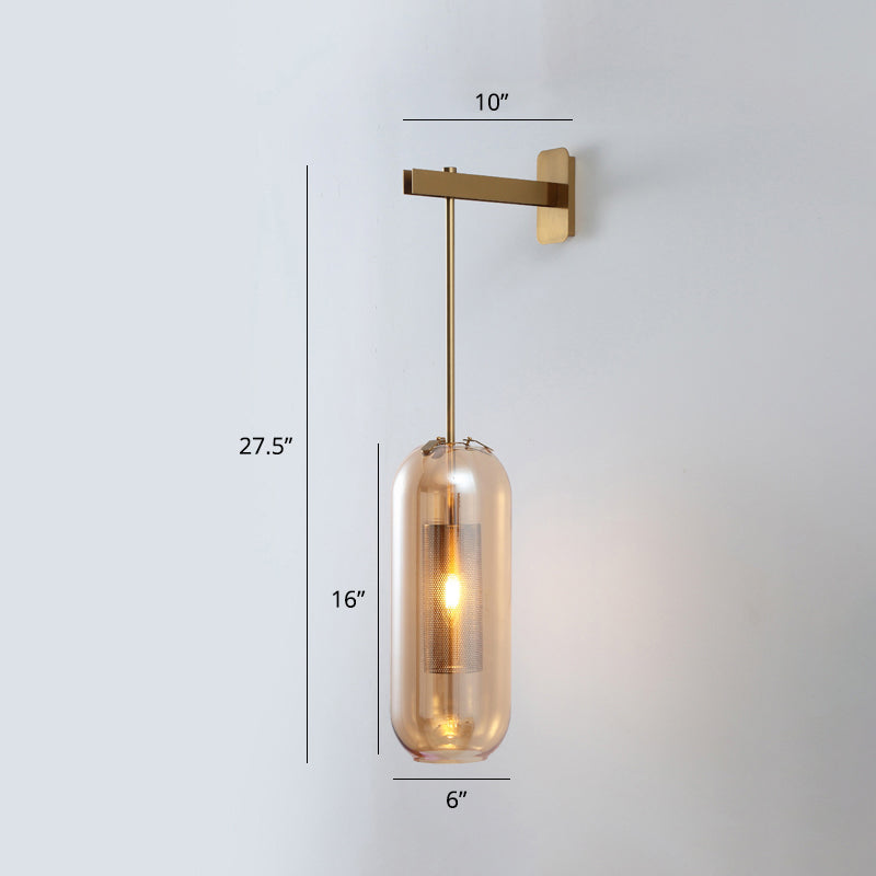 Pill Capsule Glass Wall Lamp Post-Modern 1 Head Brass Sconce Light Fixture with Mesh Guard Amber Short Arm Clearhalo 'Cast Iron' 'Glass' 'Industrial' 'Modern wall lights' 'Modern' 'Tiffany' 'Traditional wall lights' 'Wall Lamps & Sconces' 'Wall Lights' Lighting' 2356806