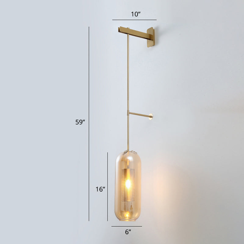 Pill Capsule Glass Wall Lamp Post-Modern 1 Head Brass Sconce Light Fixture with Mesh Guard Amber Long Arm Clearhalo 'Cast Iron' 'Glass' 'Industrial' 'Modern wall lights' 'Modern' 'Tiffany' 'Traditional wall lights' 'Wall Lamps & Sconces' 'Wall Lights' Lighting' 2356807