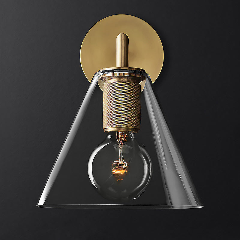 Conic Bedside Wall Mount Light Clear Glass 1-Light Minimalistic Sconce Lamp in Brass Clearhalo 'Cast Iron' 'Glass' 'Industrial' 'Modern wall lights' 'Modern' 'Tiffany' 'Traditional wall lights' 'Wall Lamps & Sconces' 'Wall Lights' Lighting' 2356823