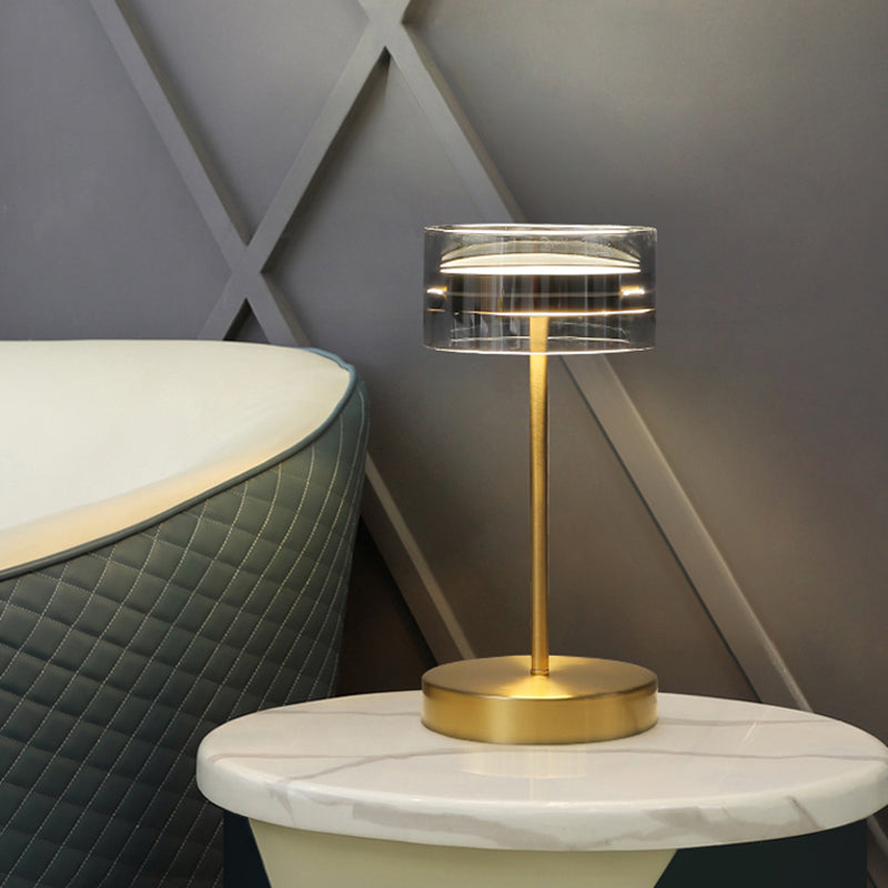 Brass Cylindrical LED Table Lamp Minimalist Smoke Glass Night Stand Light for Bedroom Clearhalo 'Lamps' 'Table Lamps' Lighting' 2356858