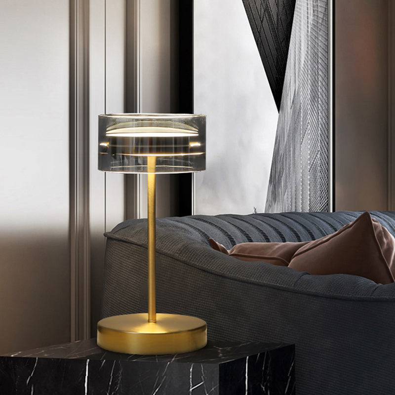 Brass Cylindrical LED Table Lamp Minimalist Smoke Glass Night Stand Light for Bedroom Clearhalo 'Lamps' 'Table Lamps' Lighting' 2356859