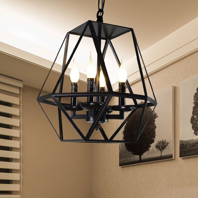 Black 4 Heads Ceiling Light Fixture Retro Industrial Metal Geometric Cage Chandelier Lamp with Adjustable Chain Black Clearhalo 'Cast Iron' 'Ceiling Lights' 'Chandeliers' 'Industrial Chandeliers' 'Industrial' 'Metal' 'Middle Century Chandeliers' 'Rustic Chandeliers' 'Tiffany' Lighting' 235687