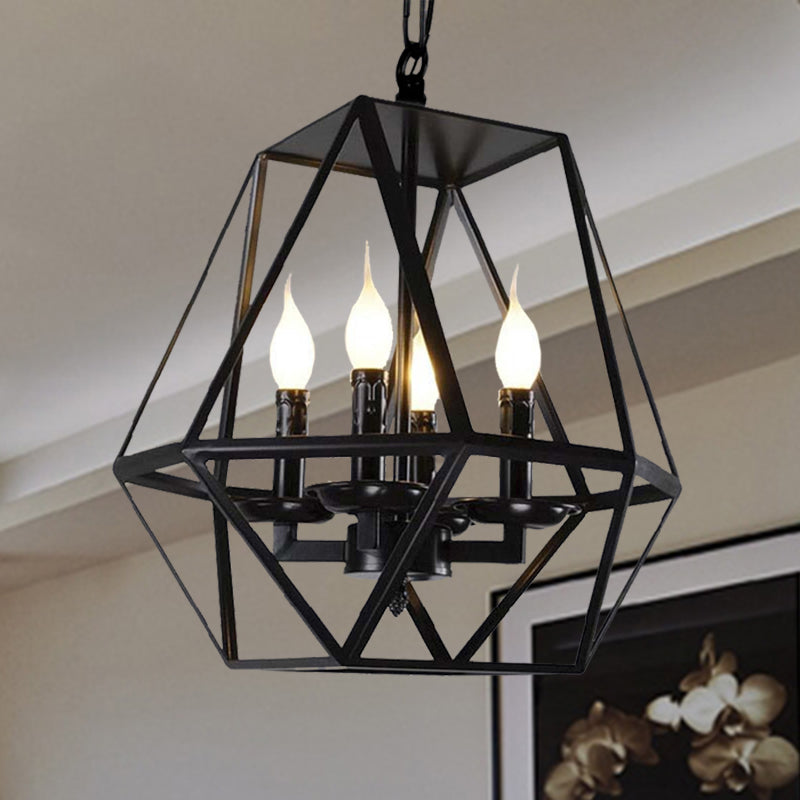 Black 4 Heads Ceiling Light Fixture Retro Industrial Metal Geometric Cage Chandelier Lamp with Adjustable Chain Clearhalo 'Cast Iron' 'Ceiling Lights' 'Chandeliers' 'Industrial Chandeliers' 'Industrial' 'Metal' 'Middle Century Chandeliers' 'Rustic Chandeliers' 'Tiffany' Lighting' 235688