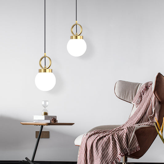 Ball Pendulum Light Simple Opal Glass Single Dining Room Pendant Lamp with Gold Ring Top Gold 6" Clearhalo 'Ceiling Lights' 'Modern Pendants' 'Modern' 'Pendant Lights' 'Pendants' Lighting' 2356922