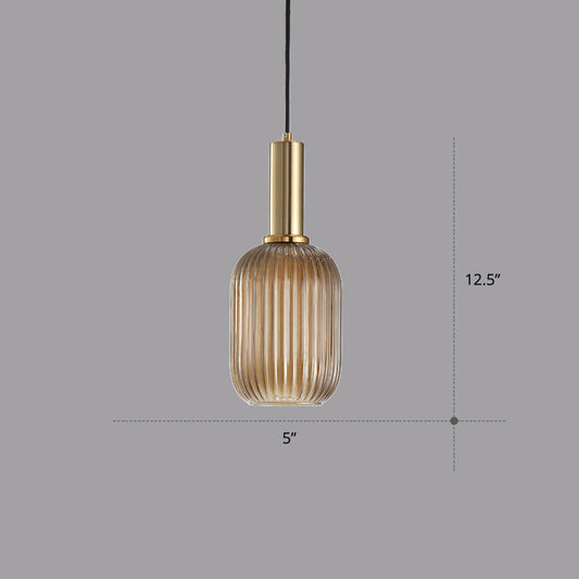 Modern Bottle Shaped Hanging Light Ribbed Glass 1 Bulb Dining Room Pendant Lighting Fixture Cognac 5" Clearhalo 'Ceiling Lights' 'Chandeliers' 'Glass shade' 'Glass' 'Modern Pendants' 'Modern' 'Pendant Lights' 'Pendants' Lighting' 2356972
