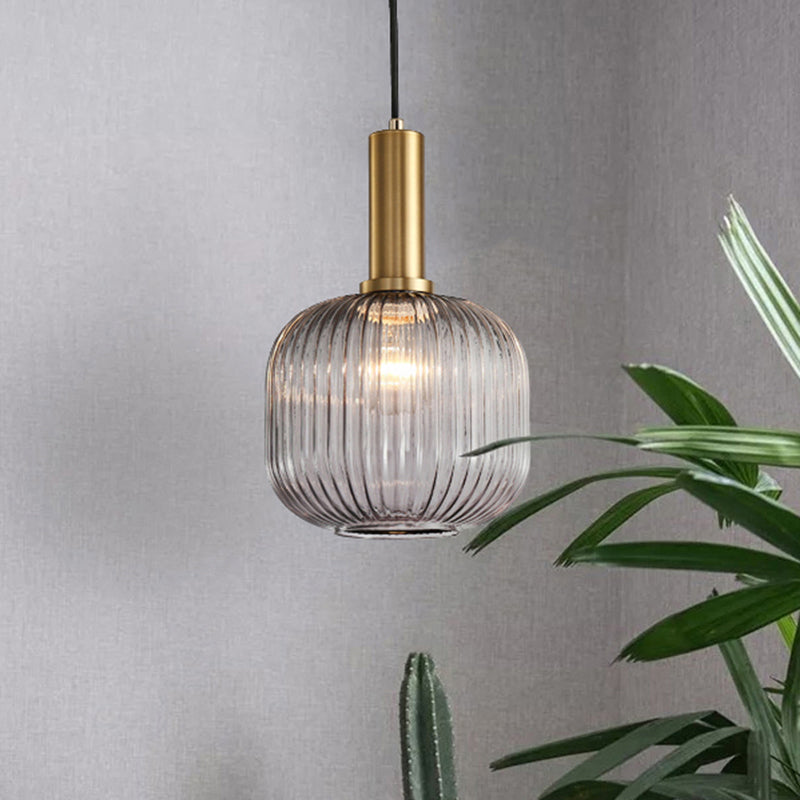 Modern Bottle Shaped Hanging Light Ribbed Glass 1 Bulb Dining Room Pendant Lighting Fixture Smoke Gray 8" Clearhalo 'Ceiling Lights' 'Chandeliers' 'Glass shade' 'Glass' 'Modern Pendants' 'Modern' 'Pendant Lights' 'Pendants' Lighting' 2356976